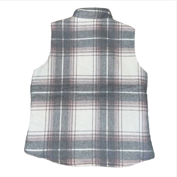 NWT Francesca's Harper Heritage Grey, Pink & Ivory Buffalo Plaid/Sherpa Vest - Picture 2 of 8